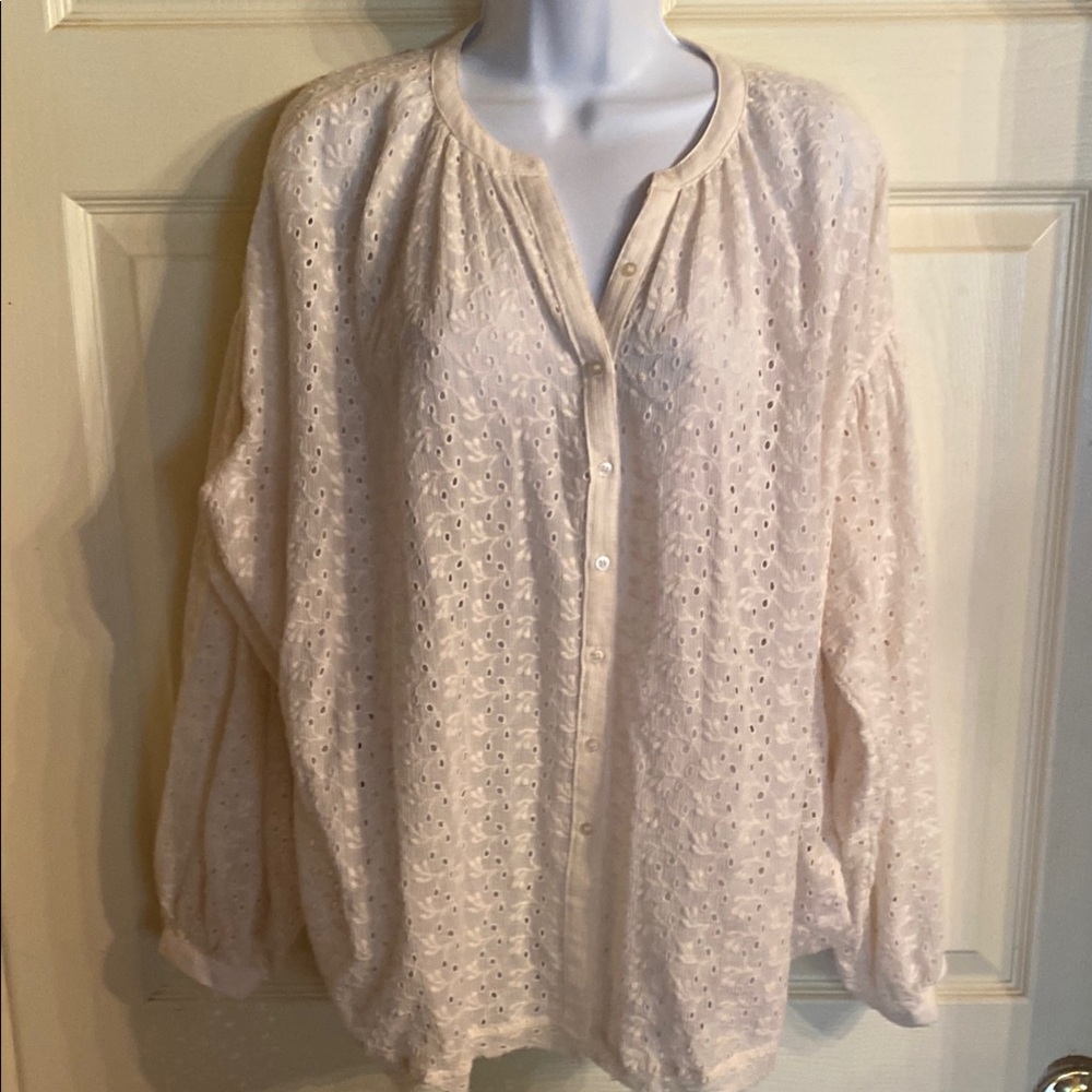 Free People Cream Long Sleeve Blouse with Mandarin Collar